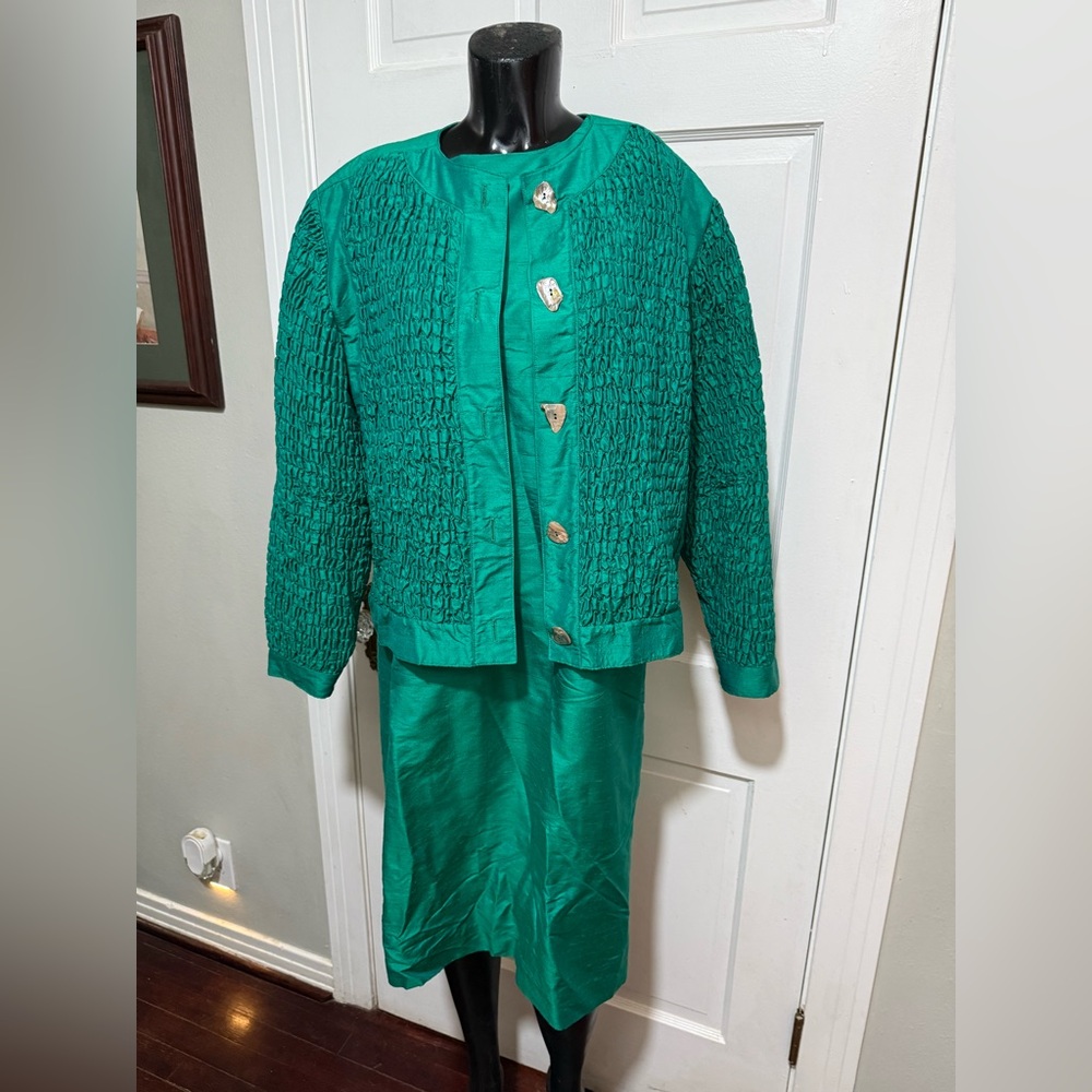 Vintage Handmade Green Dress Short Sleeve Jacket Shell Buttons Small Medium